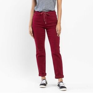 Judy Blue Jeans Women Sz 29 Red Garment Dyed Drawstring High Waist Tapered Denim